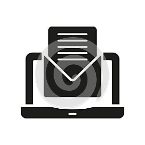 Online Communication Silhouette Icon. Laptop With Email, Envelope On Computer Screen Glyph Pictogram. Receive Digital