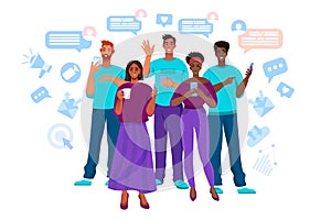 Online communication and teamwork vector illustration with diverse multinational people with smartphones.