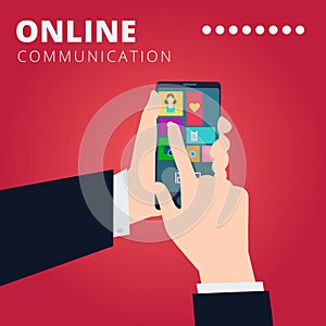 Online communication vector concept design with hands hold smart