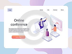 Online conference. Education isometric landidng page. Technology vector illustration