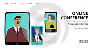 Online conference landing page. Vector businesspeople online meeting. Video chat web page template