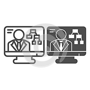 Online conference with teacher line and solid icon, online education concept, webinar training sign on white background
