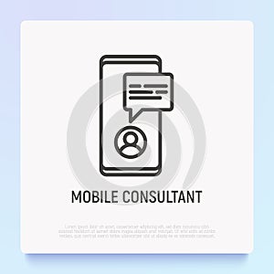 Online consultant thin line icon: chat with doctor on screen of smartphone. Modern vector illustration