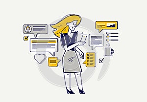 Online consultant working in support center helping and giving advices to customers, vector outline illustration, text messages in