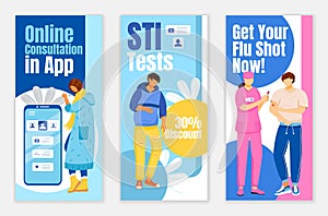 Online consultation in app flyers flat vector templates set