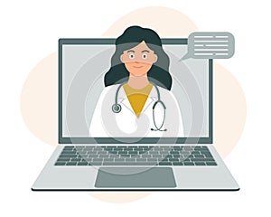 Online consultation with a doctor, medical support at a distance, remotely. A female medic with a stethoscope on a laptop screen.
