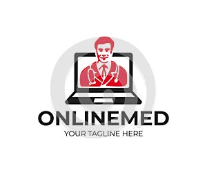 Online consultation and medicine, doctor on laptop screen, logo design. Remote medical diagnosis, healthcare, hospital, clinic and