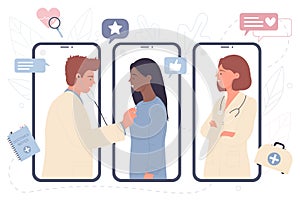 Online consultation of patient by doctor with stethoscope, people on screens of phones