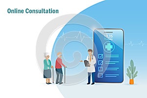 Online consultation, virtual doctor for elderly. Doctor on smartphone examining senior couple health problem. Medical and