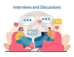 Online Conversations concept. Two people engage in a digital interview and discussion, sharing ideas and reactions.