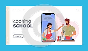 Online Cooking School Landing Page Template. Male Character Use Internet for Preparing Food. Man Watch Video Tutorial