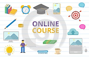 Online course doodle concept with sign or symbol education training - vector
