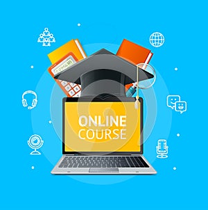 Online Course Education Concept with Realistic Detailed 3d Laptop. Vector