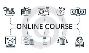 Online Course icon set. Collection contain pack of pixel perfect creative icons. Online Course elements set.