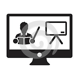 Online course icon vector teacher symbol with computer monitor and whiteboard for online education class in a glyph pictogram