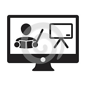 Online course icon vector teacher symbol with computer monitor and whiteboard for online education class in a glyph pictogram