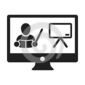 Online course icon vector teacher symbol with computer monitor and whiteboard for online education class in a glyph pictogram