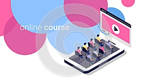 Online Course Illustration With People Sitting Near Screen, White Background