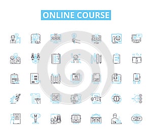 Online Course linear icons set. E-learning, Webinars, Certification, Video lessons, Courseware, Interactivity, Ongoing