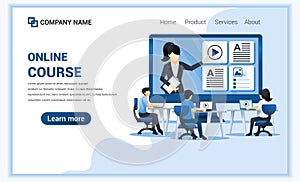 Online course with people sitting at desk and studying with laptop. Can use for banner, mobile app, landing page, website design t