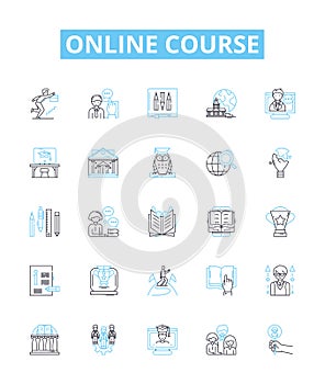 Online Course vector line icons set. eLearning, Webinar, Tutorials, MOOC, Training, Workshop, Certifications