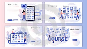 Online courses. Distance education. E-learning concept. Tiny people learn on online service or platform. Screen template