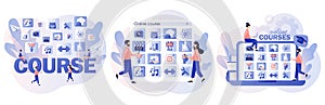Online courses. Distance education. E-learning concept. Tiny people learn, watch webinars on online service or platform