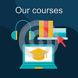 Online courses flat concept vector icon