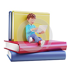 Online courses with students sitting on books pile with laptops notebooks