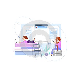 Online courses and trainings - concept illustrations, tiny people on the background of the monitor, are engaged on the