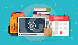 Online courses or webinar training vector illustration, flat cartoon video player and educational stuff, backpack