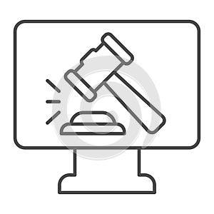 Online Court thin line icon. Justice office online, monitor with hammer or auction. Jurisprudence vector design concept