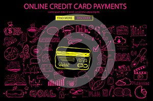 Online credit card payment concept with Doodle design style online purchases