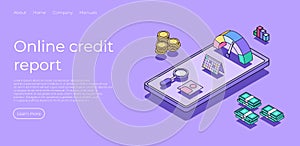 Online credit report. Credit rating with scale. Isometric object money, coin, stats, calendar. Loan history meter, scale for
