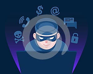 Online crime concept. Hacker behind a laptop monitor