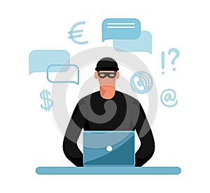 Online crime concept illustration, online social media fraud. A swindler and a thief are working at the computer. Vector