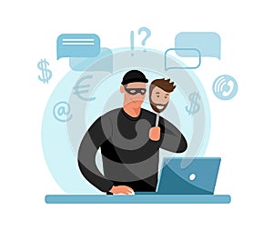 Online crime concept illustration, online social media fraud. A swindler and a thief are working at the computer. Vector photo