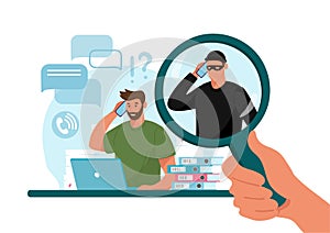 Online crime concept illustration, online social media fraud. A swindler and a thief are working at the computer. Vector photo