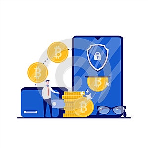 Online crypto wallets concept with character. People stand near smartphone with bitcoins, shield security. Modern flat style for