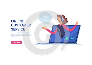 Online customer service. Call center support. Cartoon miniature illustration vector graphic on white background.