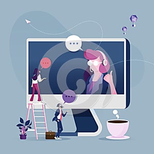 Online customer service concept-Customer service operators with headsets on computer screen