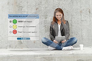 Online customer service satisfaction survey on a smartphone. Customer experience concept