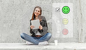 Online customer service satisfaction survey on a smartphone. Customer experience concept