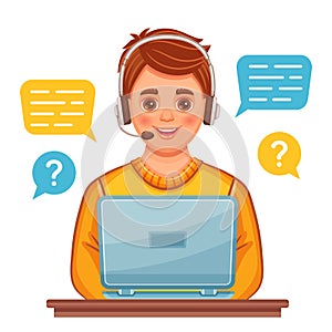 Online customer support service operator, hotline call center consultant, helpline phone assistant with headset, laptop. Vector