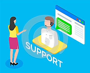 Online customer support, woman client talking with operator of hotline, tech support of website
