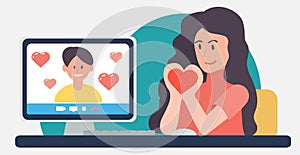 Online date Valentine`s Day in new reality quarantine. Heart sign with women hands. Boyfriend in monitor screen. Woman