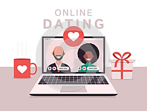 Online dating app concept with man and woman. Flat Vector illustration with african woman and white bald man on laptop screen