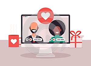 Online dating app concept with man and woman. Flat Vector illustration with african woman and white bald man on laptop screen