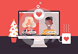 Online dating app concept with man and woman. Flat Vector illustration with african woman and white bald man on laptop screen