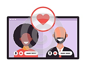 Online dating app concept with man and woman. multicultural relationship Flat Vector illustration with african woman and white